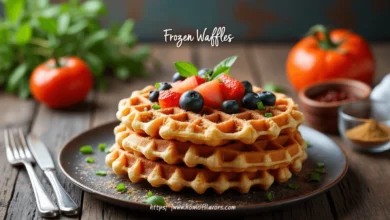 Stack of golden frozen waffles drizzled with syrup and topped with blueberries