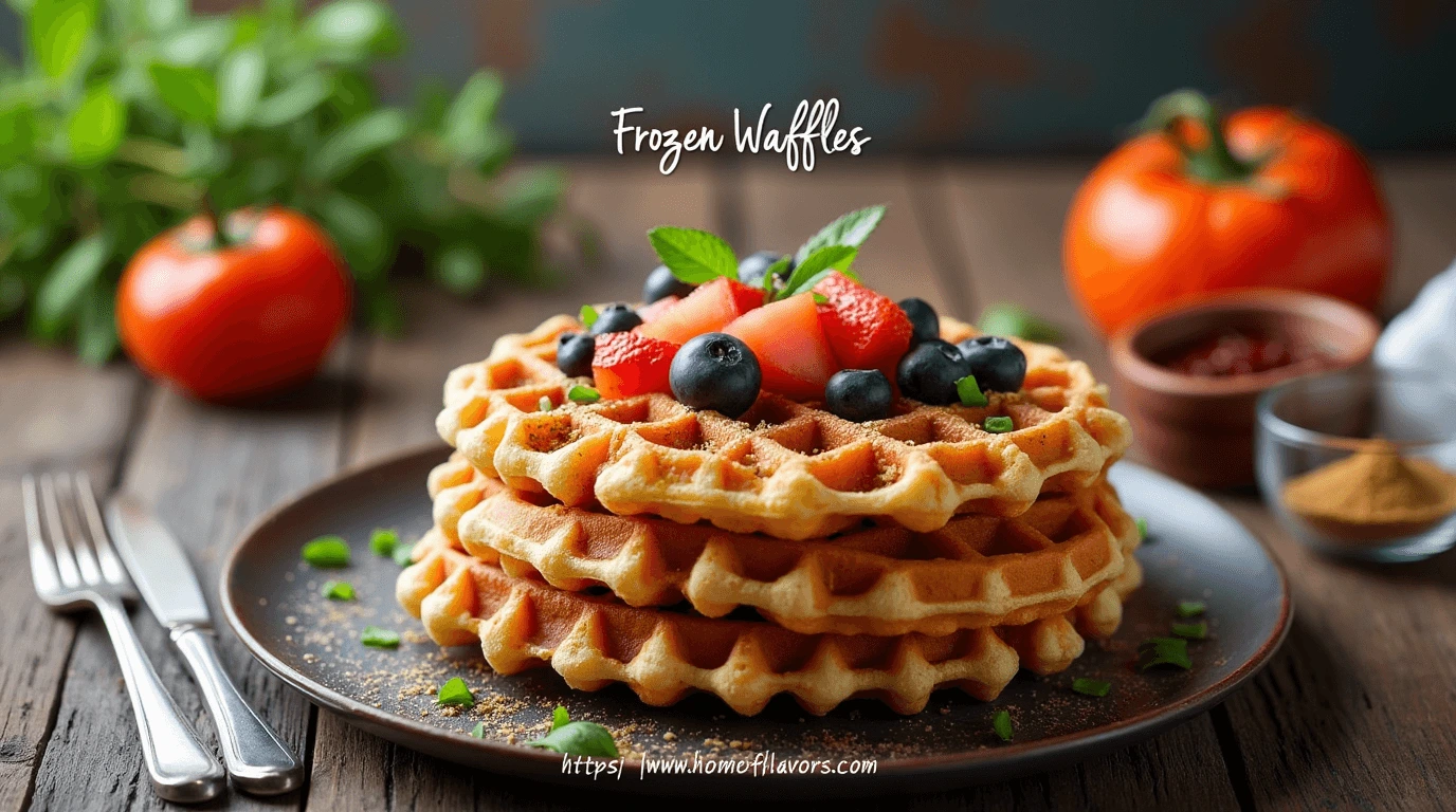 Stack of golden frozen waffles drizzled with syrup and topped with blueberries