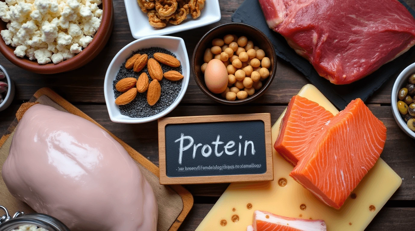 An assortment of protein-rich foods including grilled chicken, salmon, eggs, nuts, and cheese on a wooden platter.