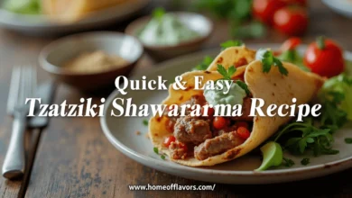 Shawarma served with creamy tzatziki, fresh salad, and warm pita bread.