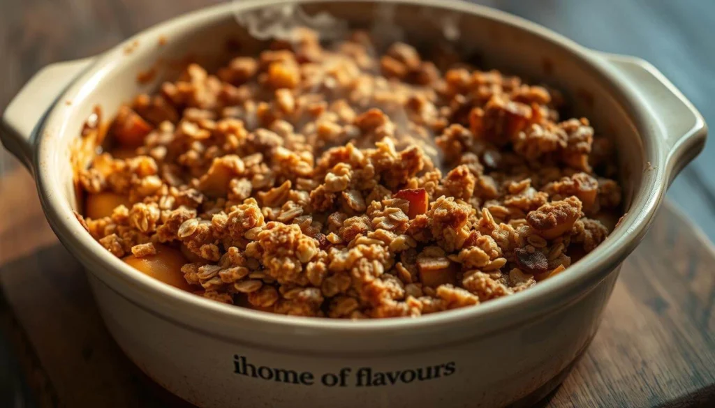 Adding the Crumbly Topping to Apple Crisp