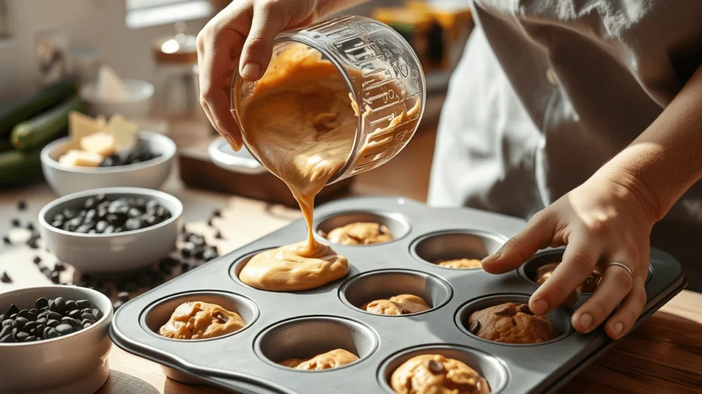 Chocolate zucchini muffins cooling on a wire rack surrounded by baking ingredients