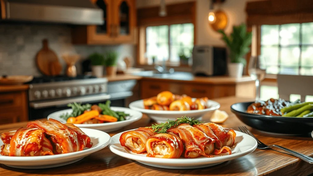 Juicy chicken breasts wrapped in crispy bacon and baked to perfection