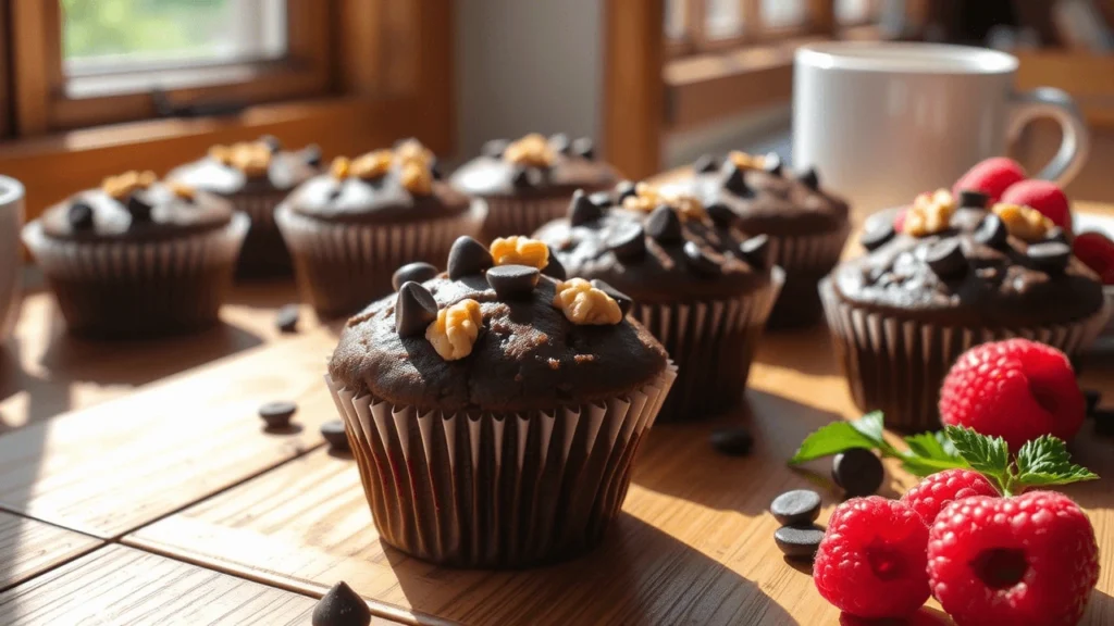 Inside view of a chocolate zucchini muffin showing moist, rich texture