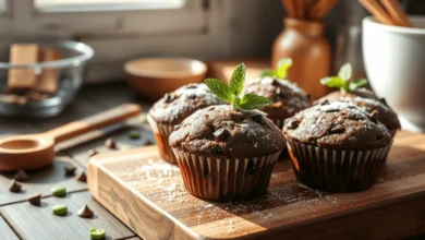 A batch of chocolate zucchini muffins in a woven basket, fresh and fluffy