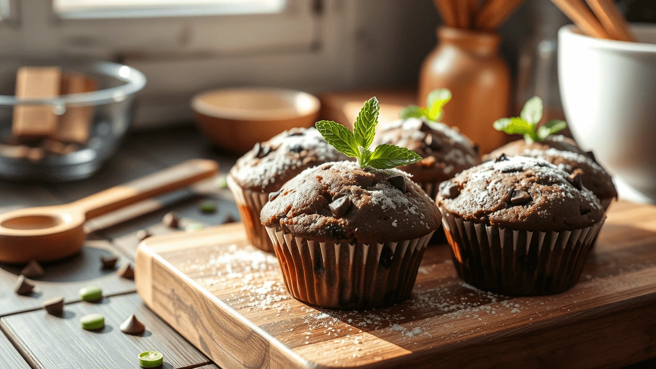 A batch of chocolate zucchini muffins in a woven basket, fresh and fluffy