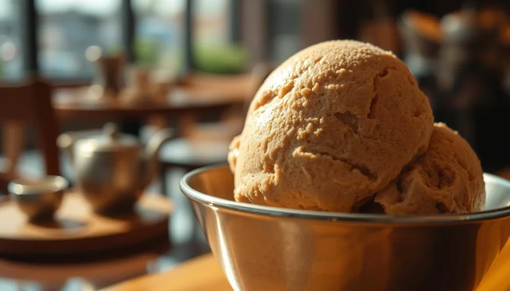 A single scoop of coffee ice cream served in a white bowl