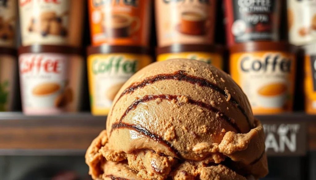 Grocery store freezer shelf with different coffee ice cream brands