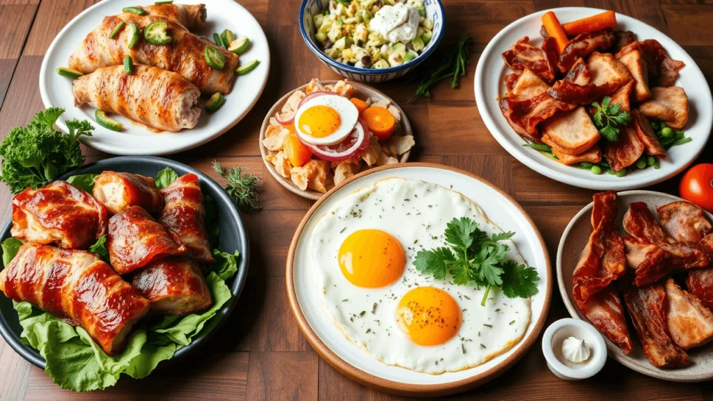 Baked avocado halves stuffed with eggs and topped with crispy bacon