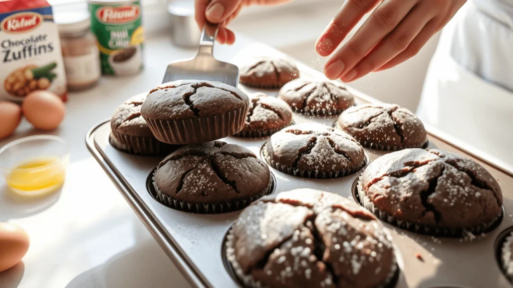 Chocolate zucchini muffins topped with almond butter and dark chocolate chips