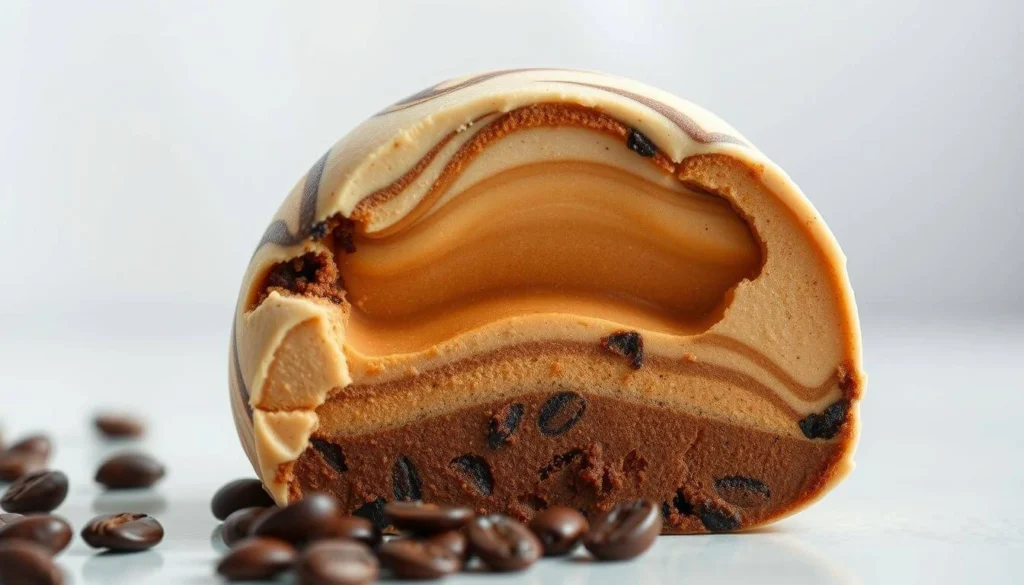 Woman eating coffee ice cream on a couch at night