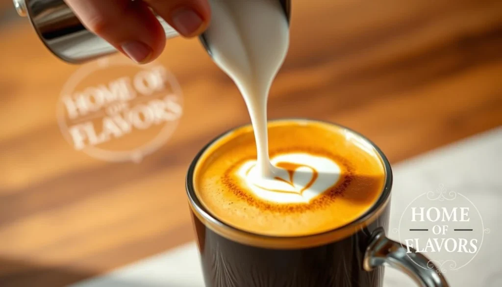 Heavy cream being poured into a freshly made Americano