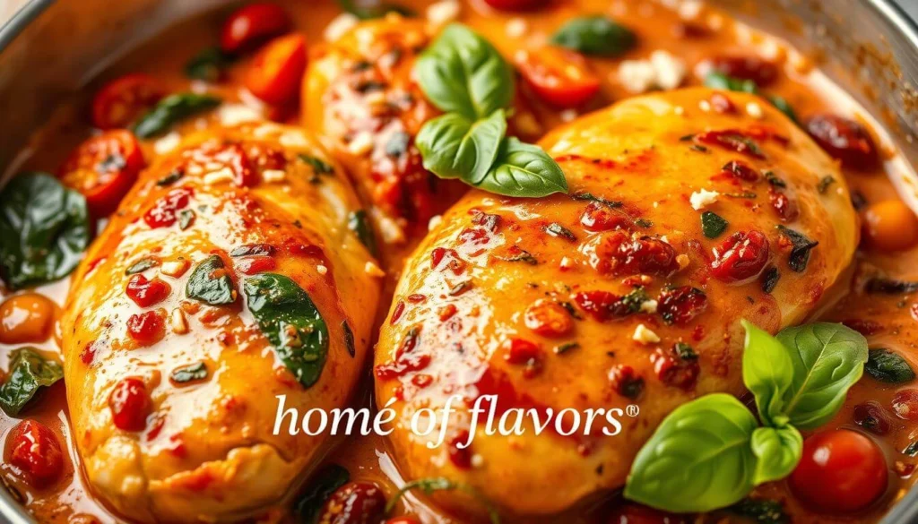  Creamy Tuscan chicken with spinach and sun-dried tomatoes in skillet

