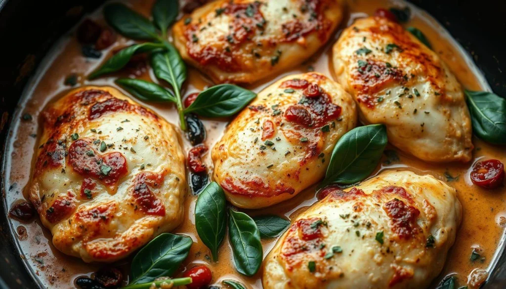 Creamy Tuscan chicken served on a white plate with fresh herbs