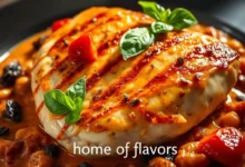 Golden brown chicken breasts cooking in a skillet