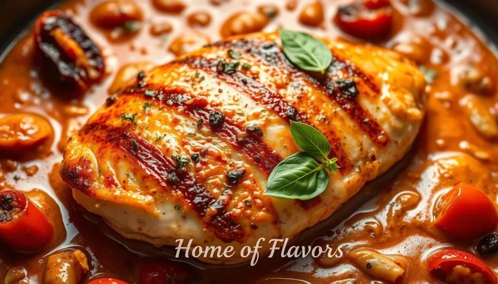 Creamy Tuscan chicken with spinach and sun-dried tomatoes in skillet

