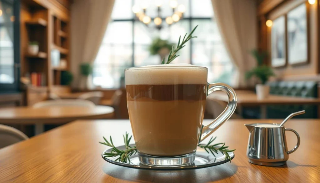 Spoon stirring a creamy Americano in a glass mug